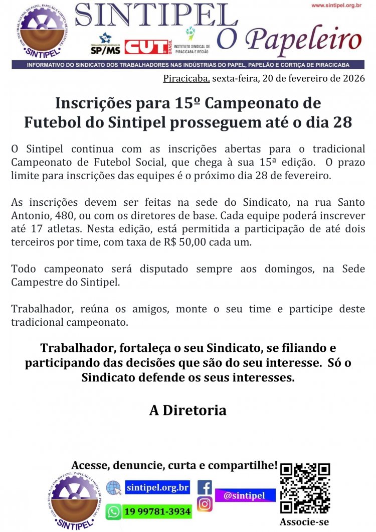 Inscrições para 15º Campeonato de Futebol do Sintipel