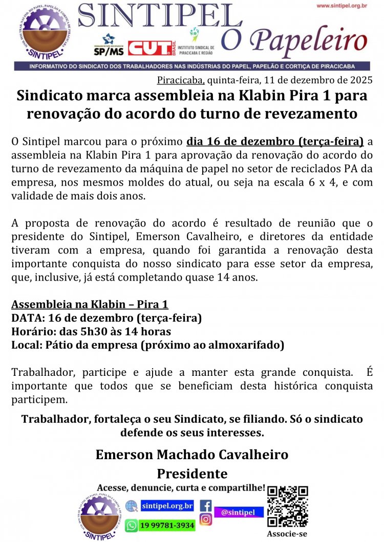Sindicato marca assembleia na Klabin Pira 1 para