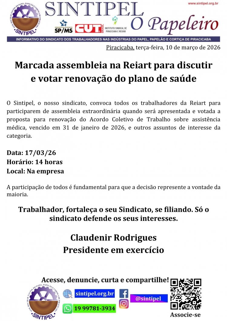 Marcada assembleia na Reiart para discutir e votar