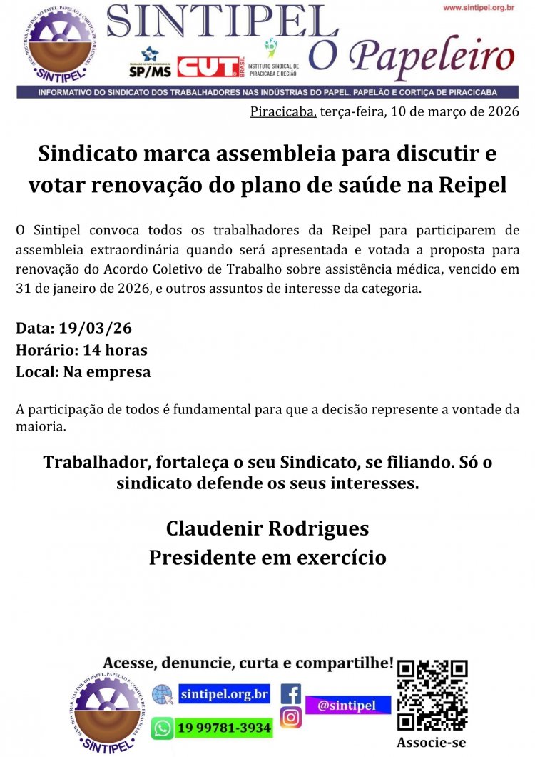 Sindicato marca assembleia para discutir e votar