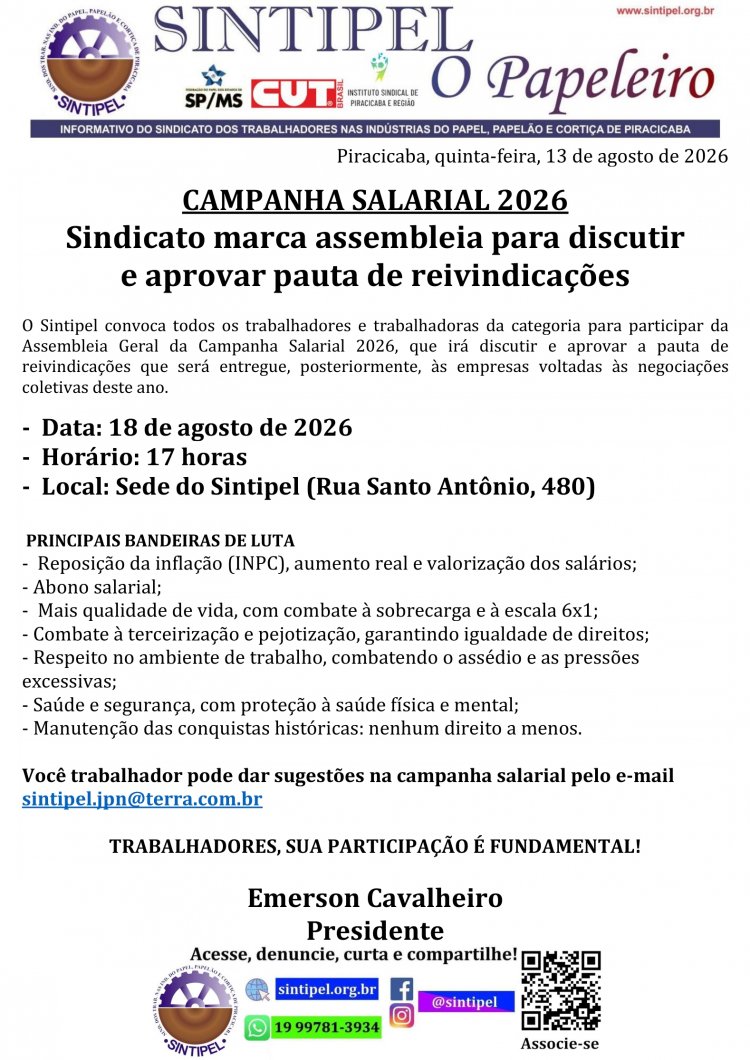 CAMPANHA SALARIAL 2026 Sindicato marca assembleia para