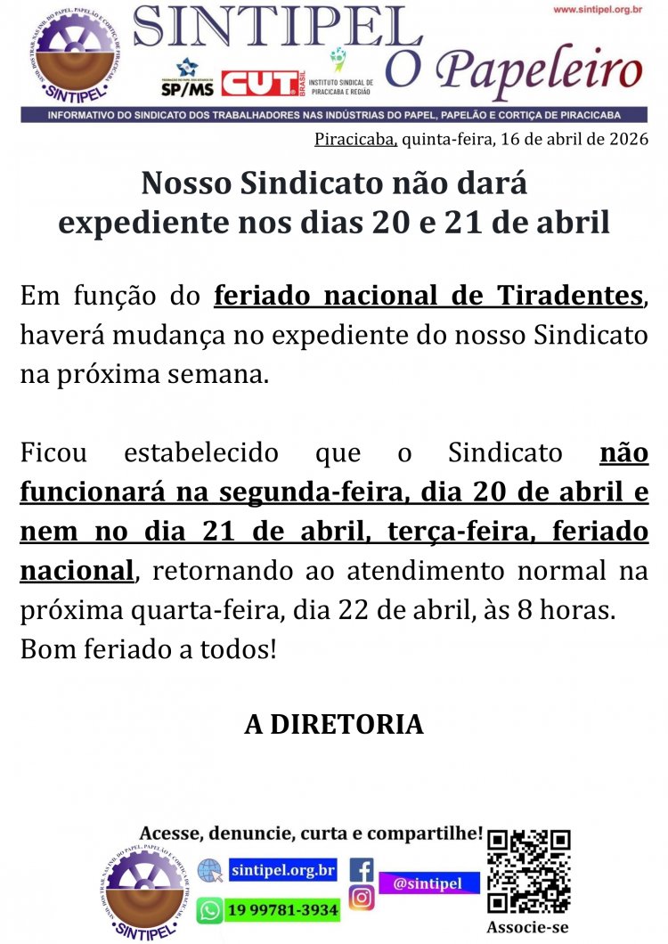 Nosso Sindicato não dará expediente nos dias 20 e 21 de