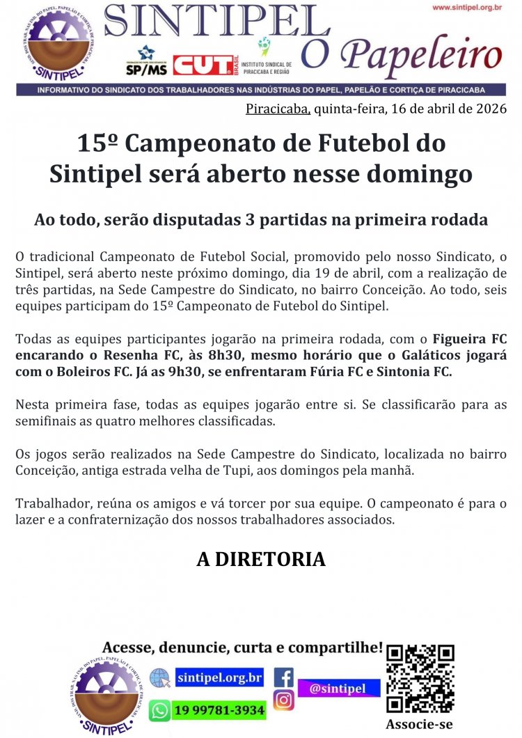 15º Campeonato de Futebol do Sintipel será aberto nesse