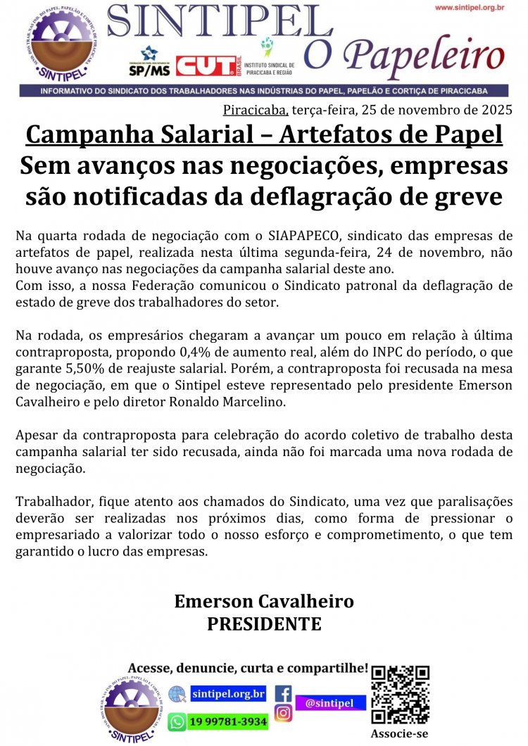 Campanha Salarial ? Artefatos de Papel Sem avanços nas