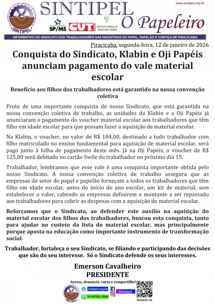 Conquista do Sindicato, Klabin e Oji Papéis anunciam