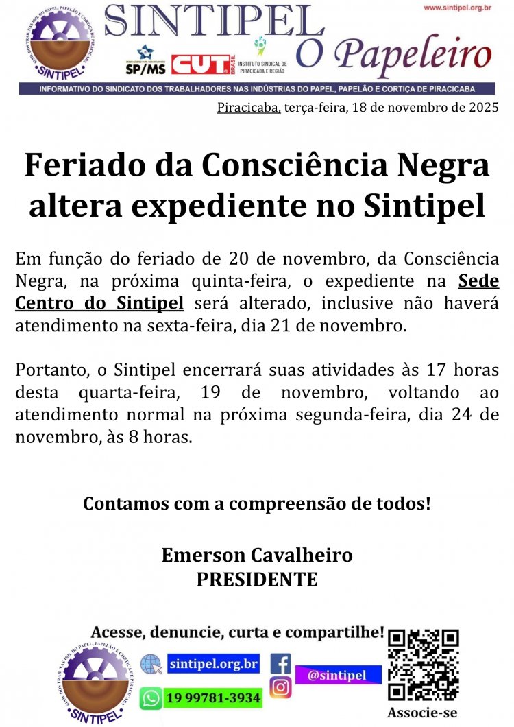 Feriado da Consciência Negra altera expediente no