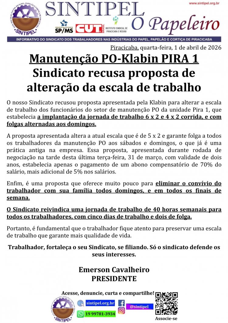 Manutenção PO-Klabin PIRA 1 Sindicato recusa proposta de