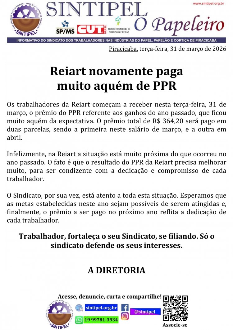 Reiart novamente paga muito aquém de