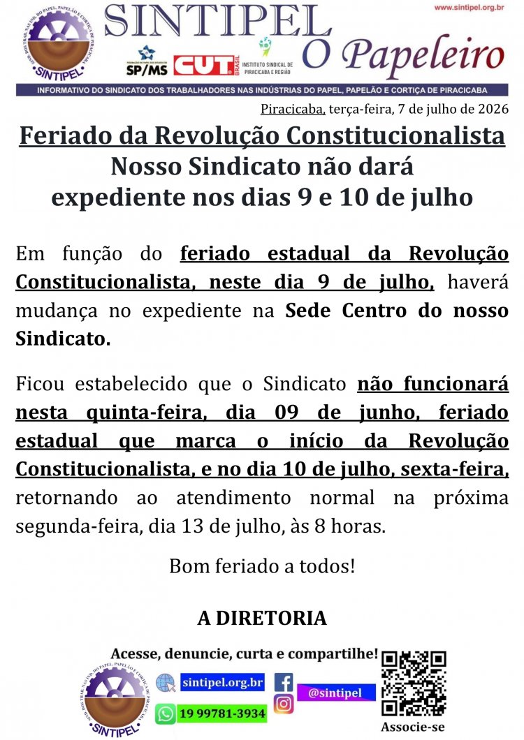 Feriado da Revolução Constitucionalista Nosso Sindicato