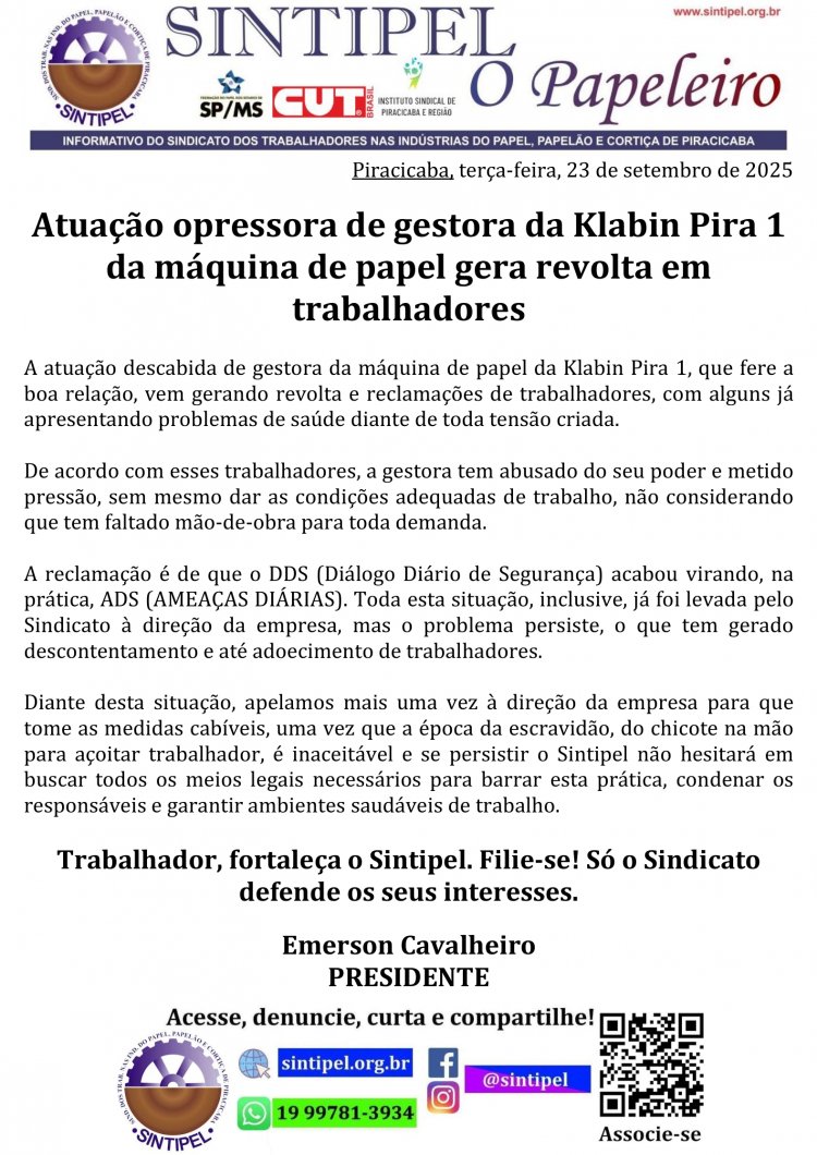 Atuação opressora de gestora da Klabin Pira 1 da máquina