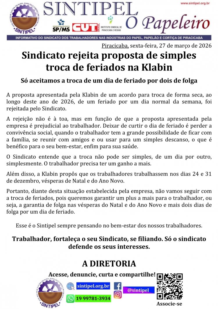Sindicato rejeita proposta de simples troca de feriados na