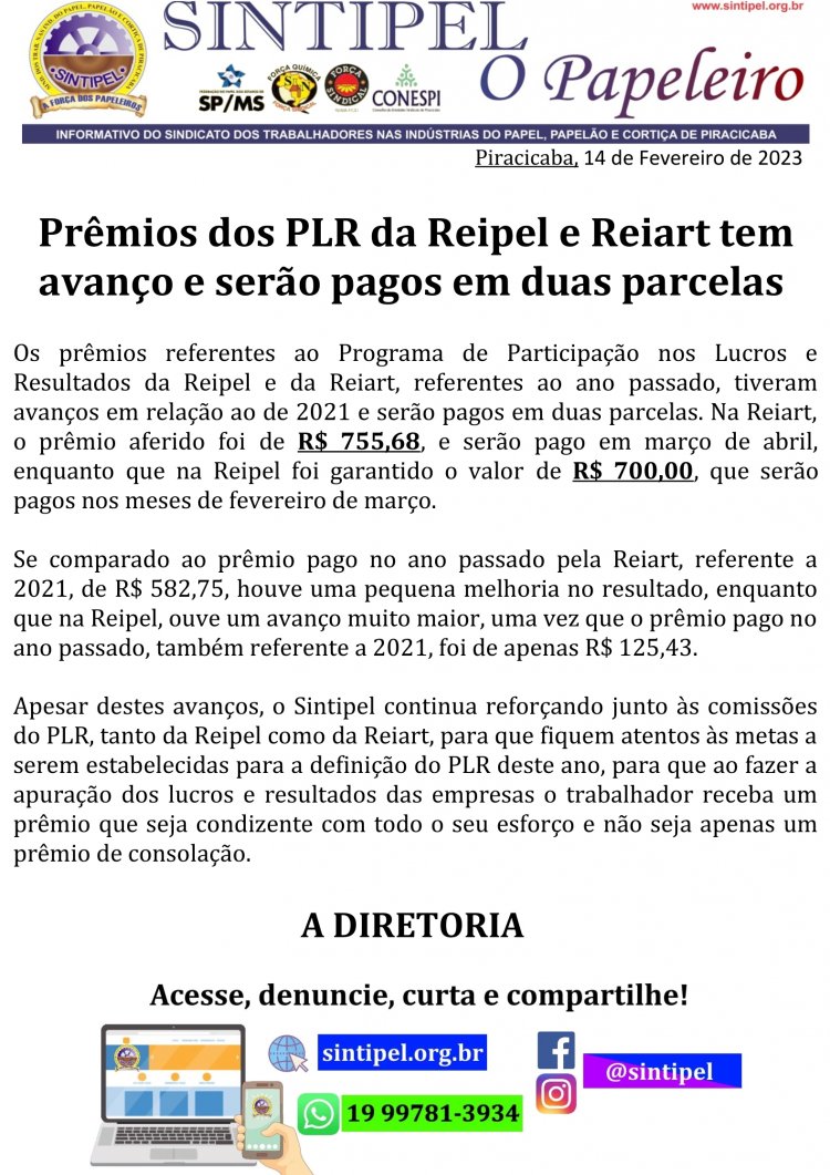 Prêmios dos PLR da Reipel e Reiart tem avanço e serão pagos em
