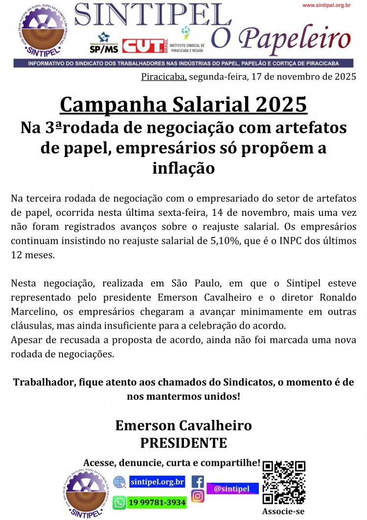 Campanha Salarial 2025 Na 3ªrodada de negociação com artefatos de papel,