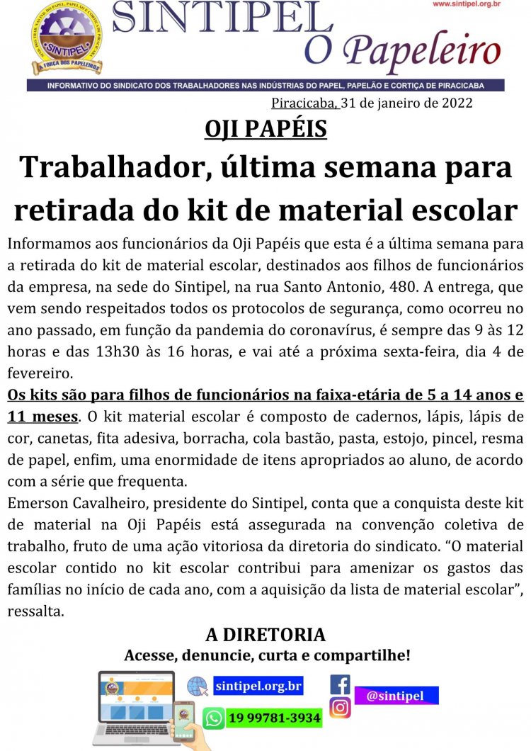 Trabalhador, última semana para retirada do kit de material