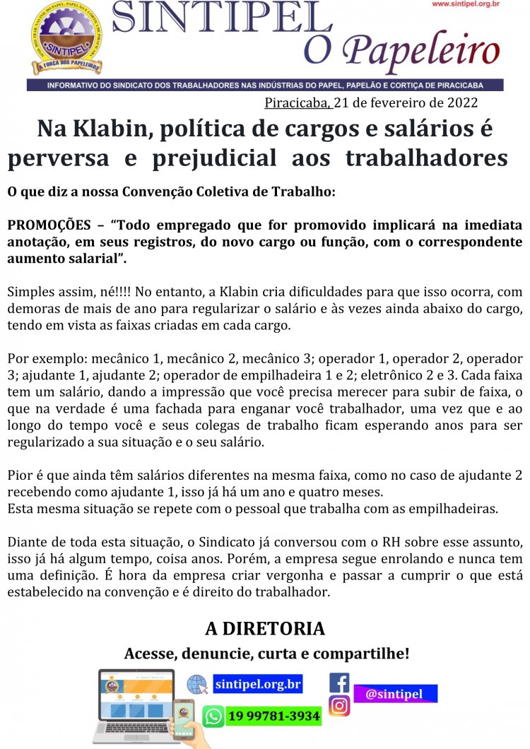 Na Klabin, política de cargos e salários é perversa e prejudicial