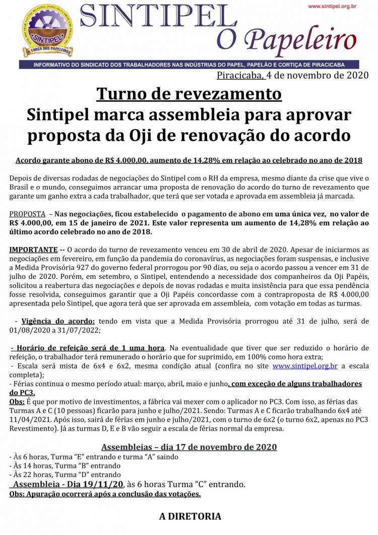 Sintipel marca assembleia para aprovar proposta da Oji de renovação