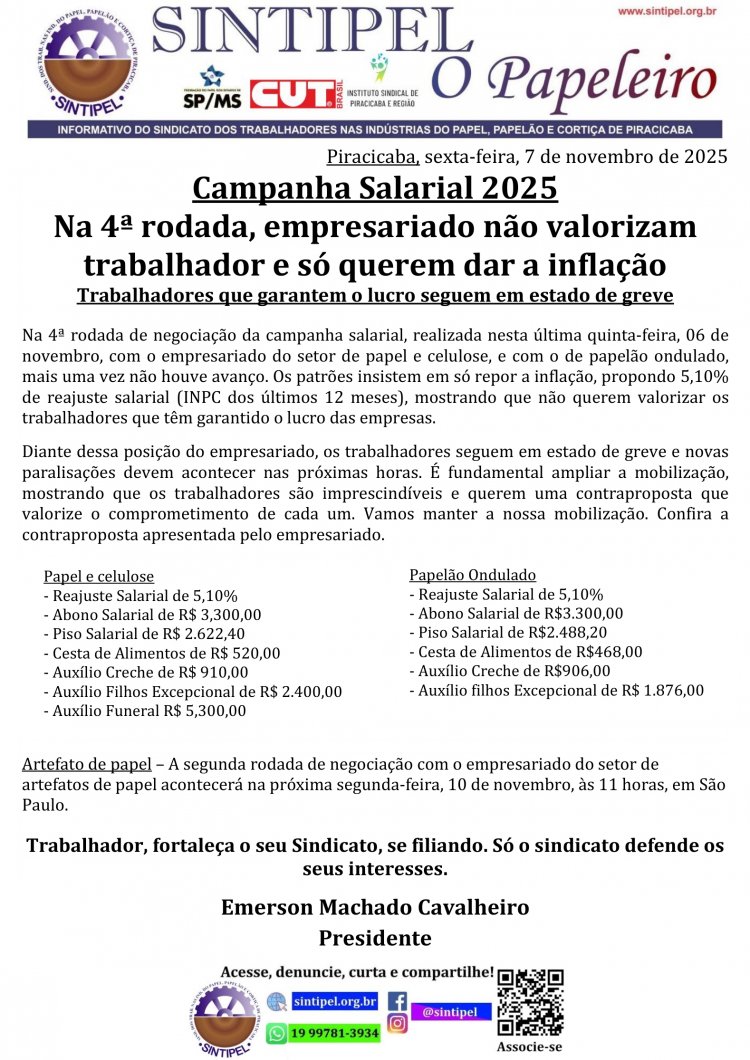 Campanha Salarial 2025 Na 4ª rodada, empresariado não valorizam trabalhador e só