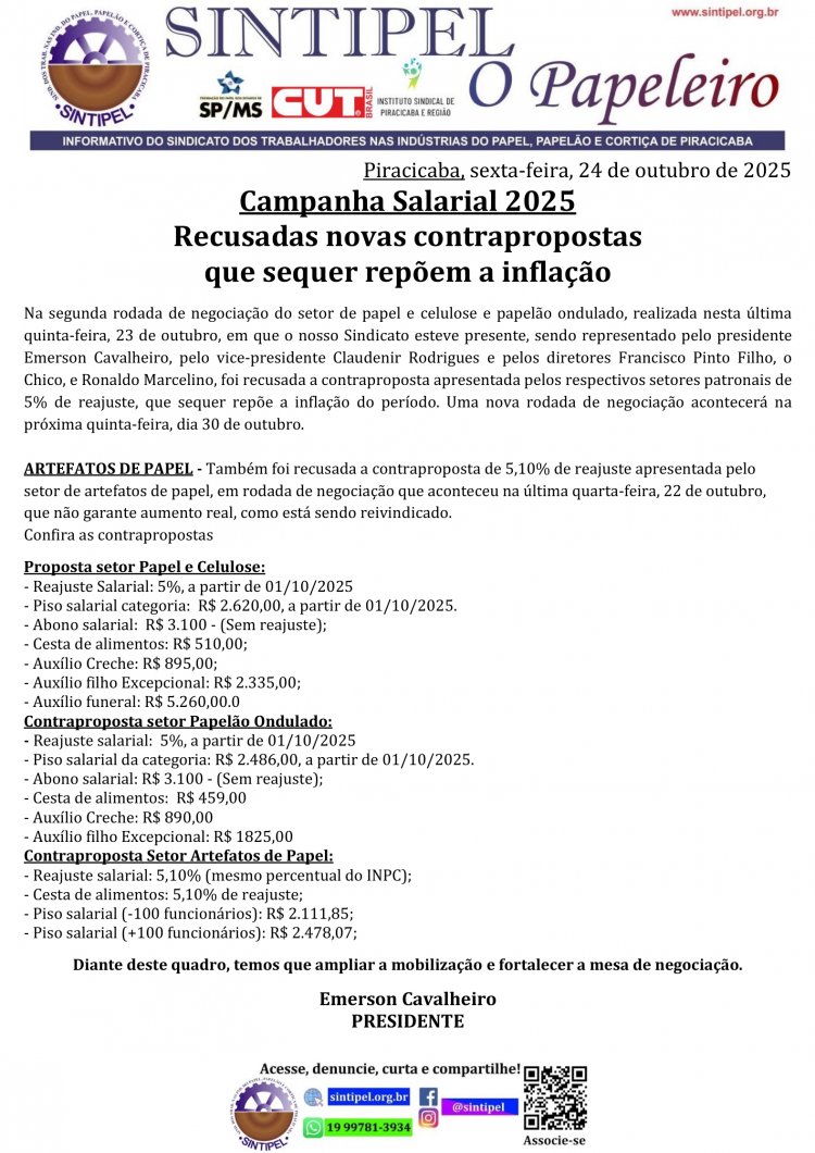 Campanha Salarial 2025 Recusadas novas contrapropostas que sequer repõem a