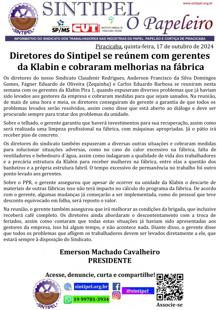 Diretores do Sintipel se reúnem com gerentes da Klabin e cobraram