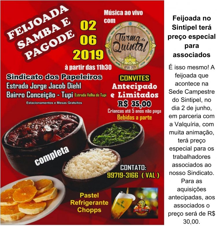 Feijoada no Sintipel terá preço especial para