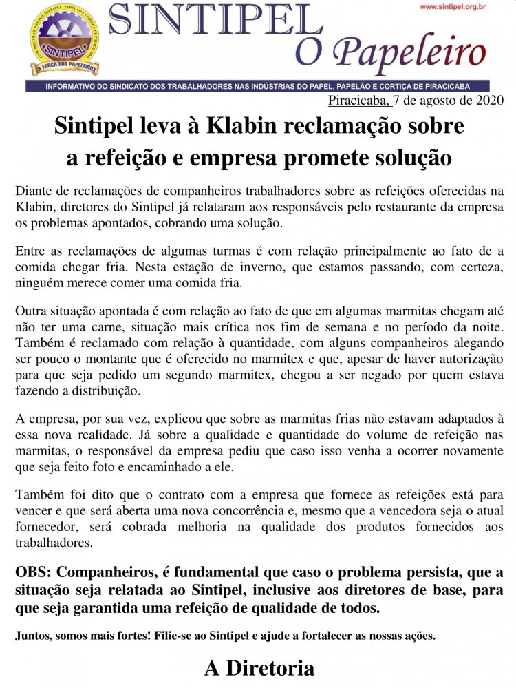 Sintipel leva à Klabin reclamação sobre a refeição e empresa