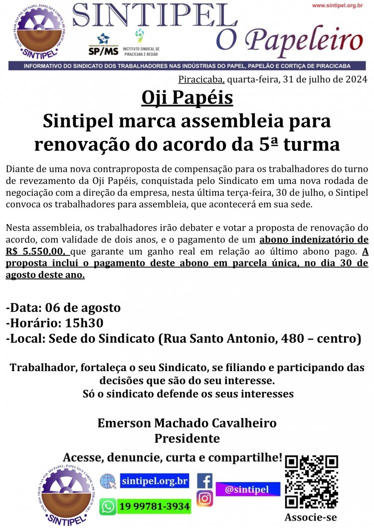 Oji Papéis Sintipel marca assembleia para renovação do acordo da