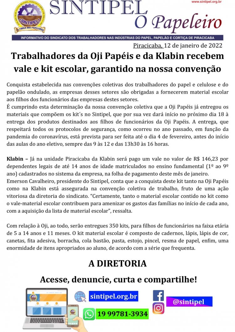 Trabalhadores da Oji Papéis e da Klabin recebem vale e kit escolar,