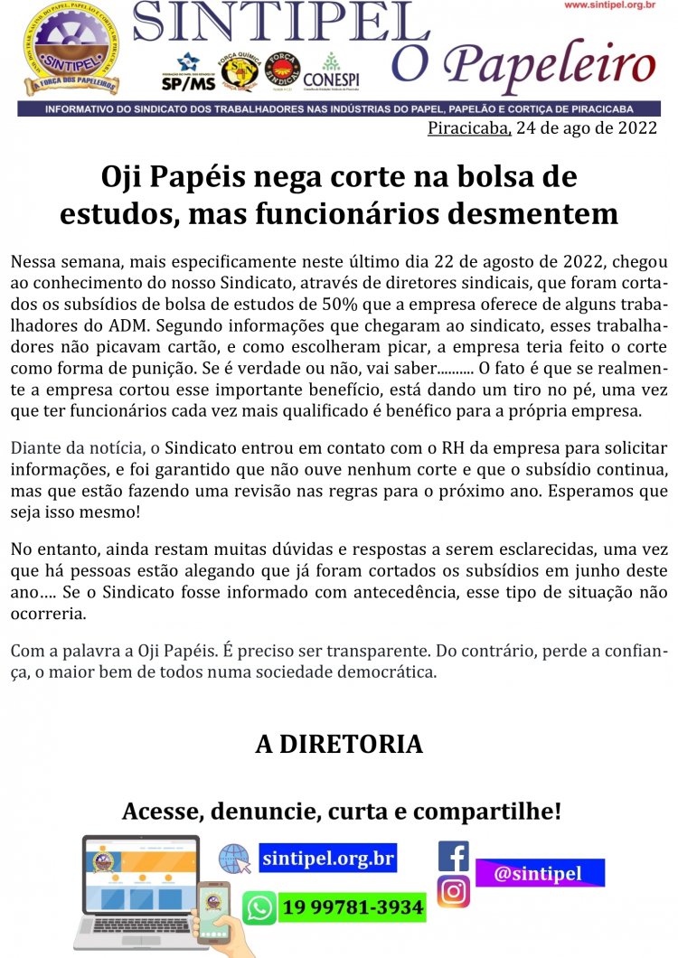 Oji Papéis nega corte na bolsa de estudos, mas funcionários