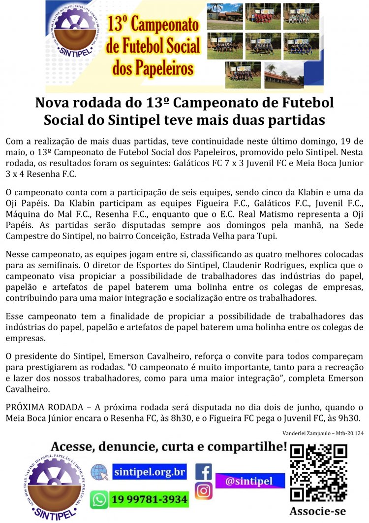 Nova rodada do 13º Campeonato de Futebol Social do Sintipel teve