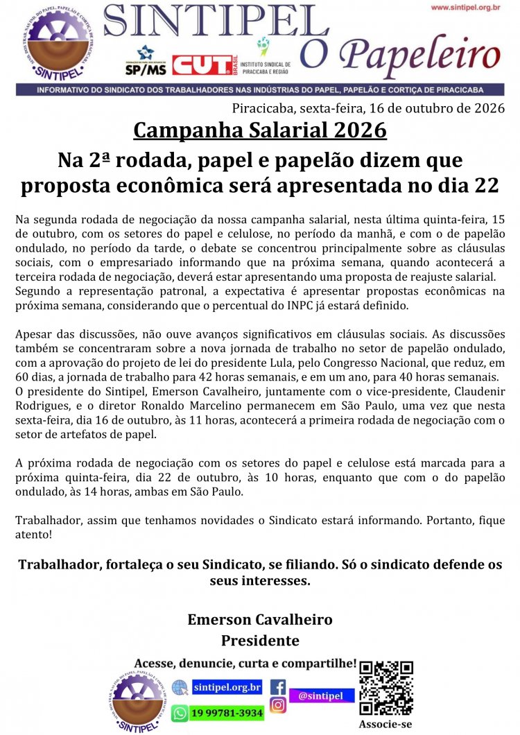 Campanha Salarial 2026 Na 2ª rodada, papel e papelão dizem que proposta econômica