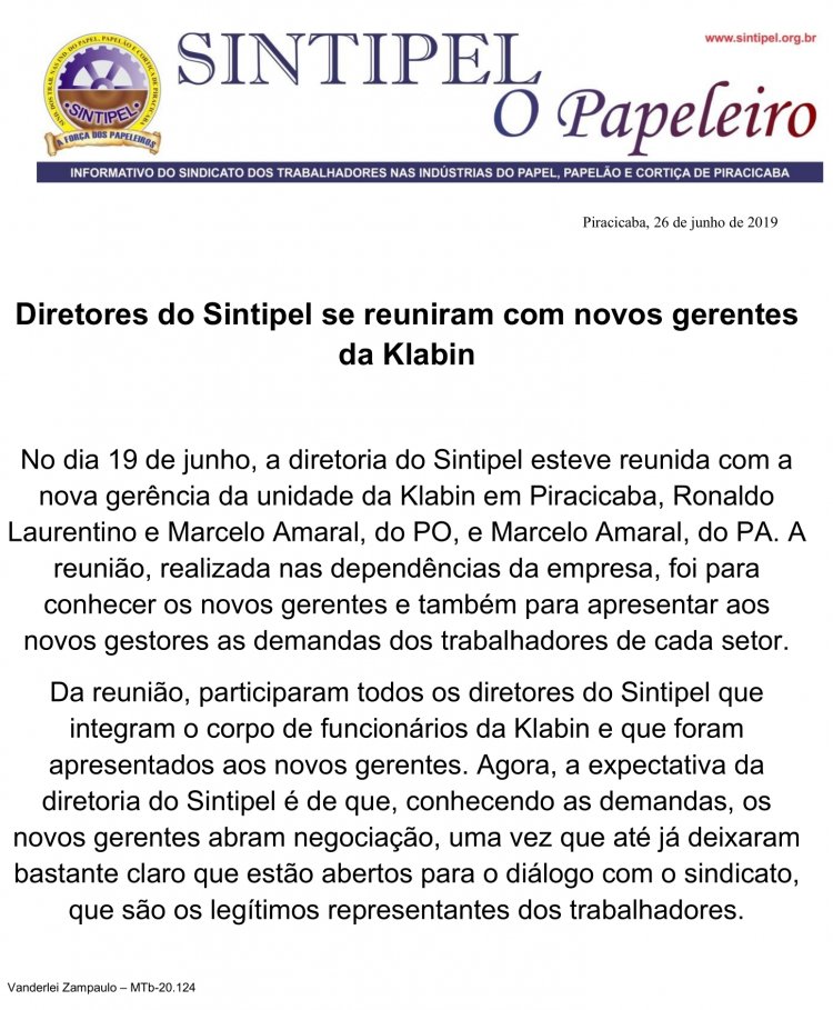 Diretores do Sintipel se reuniram com novos gerentes da Klabin