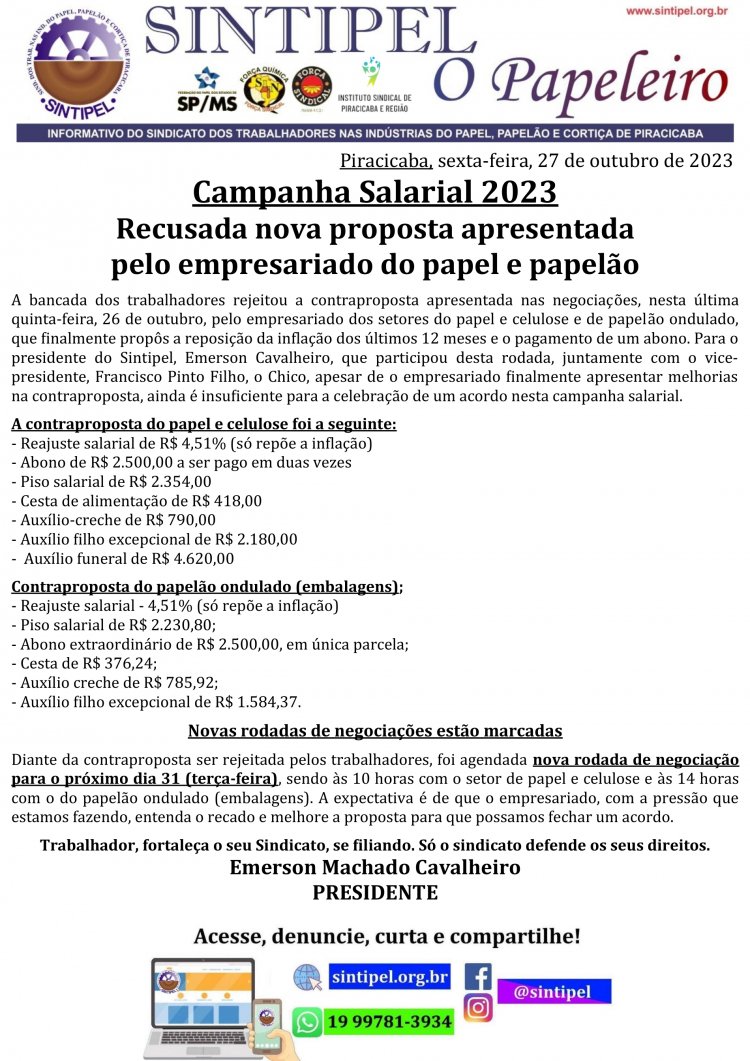 Recusada nova proposta apresentada pelo empresariado do papel e