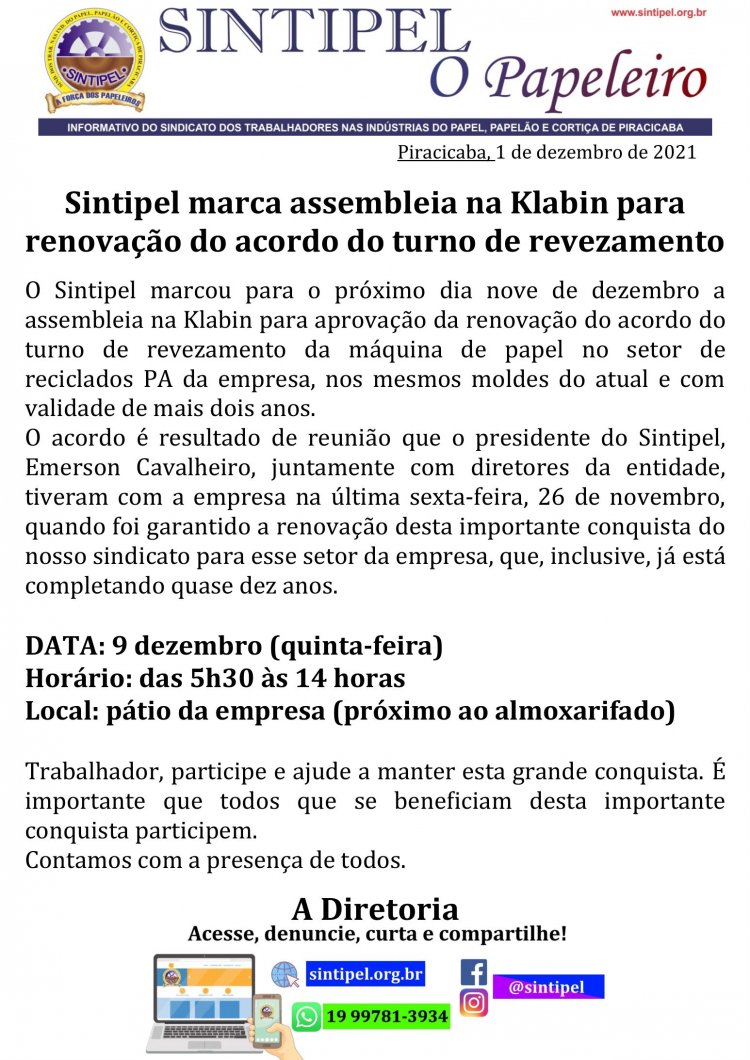 Sintipel marca assembleia na Klabin para renovação do acordo do