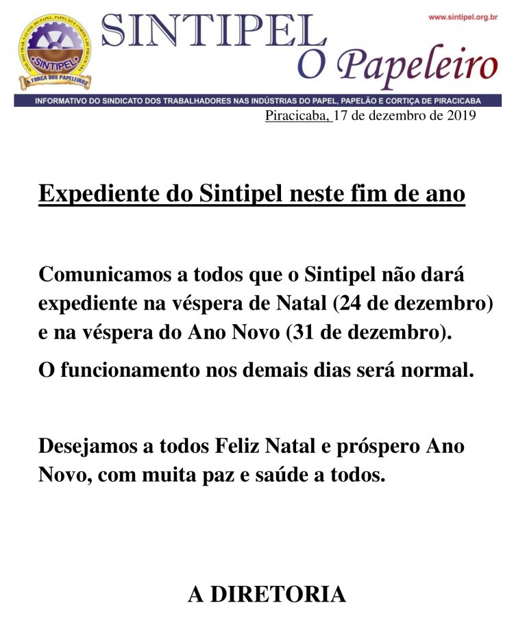 Expediente do Sintipel neste fim de