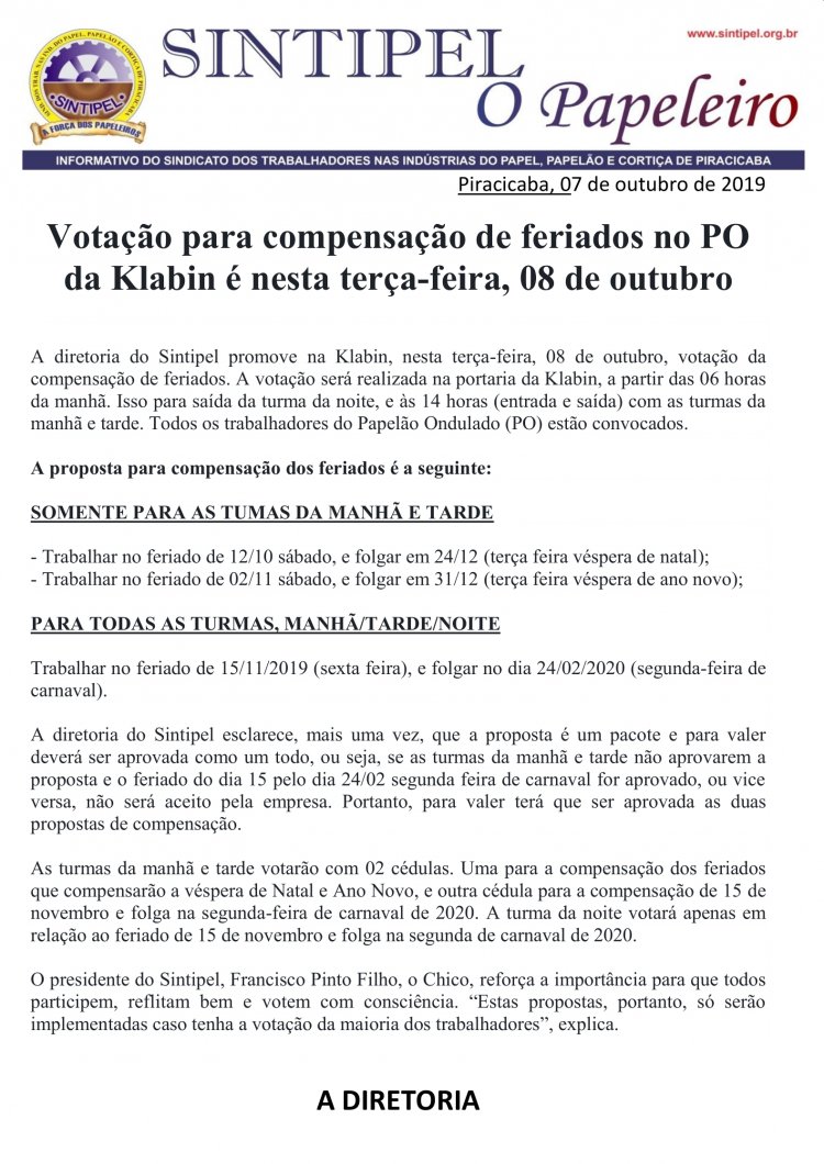 Votação para compensação de feriados no PO da Klabin é nesta terça-feira, 08 de outubro 