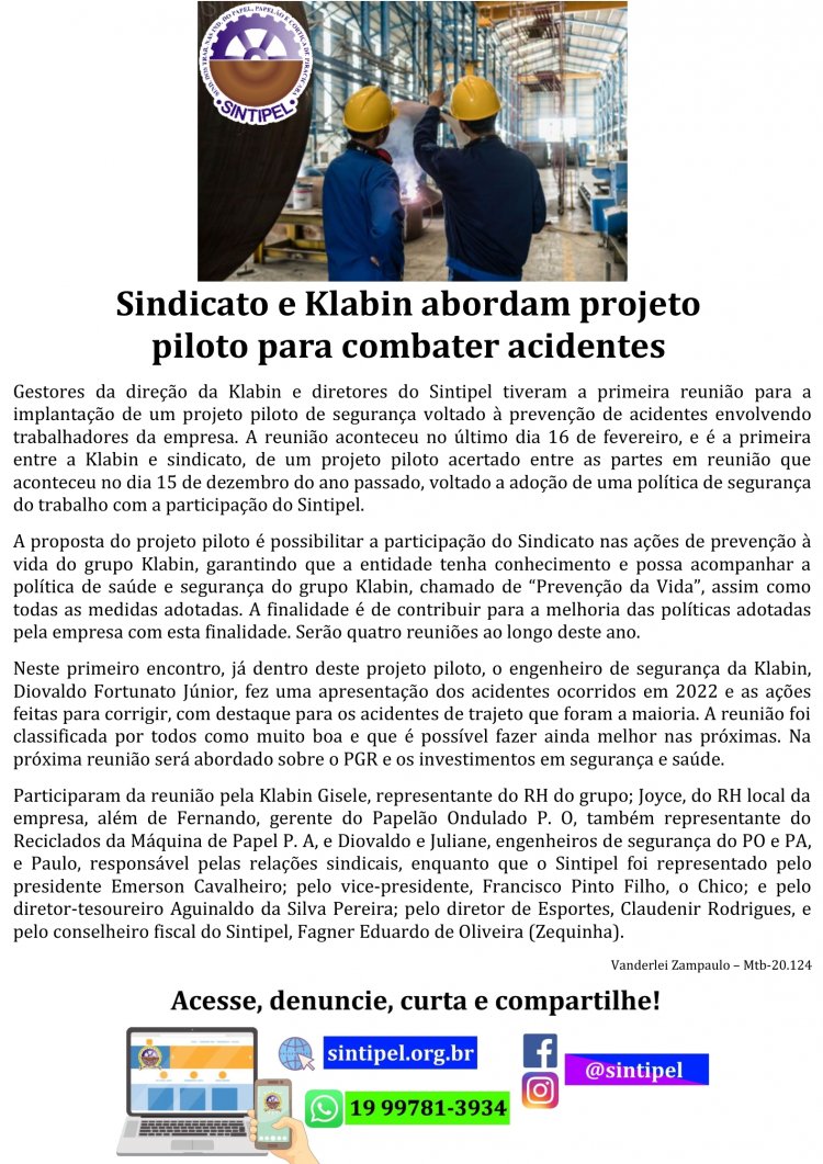 Sindicato e Klabin abordam projeto piloto para combater acidentes
