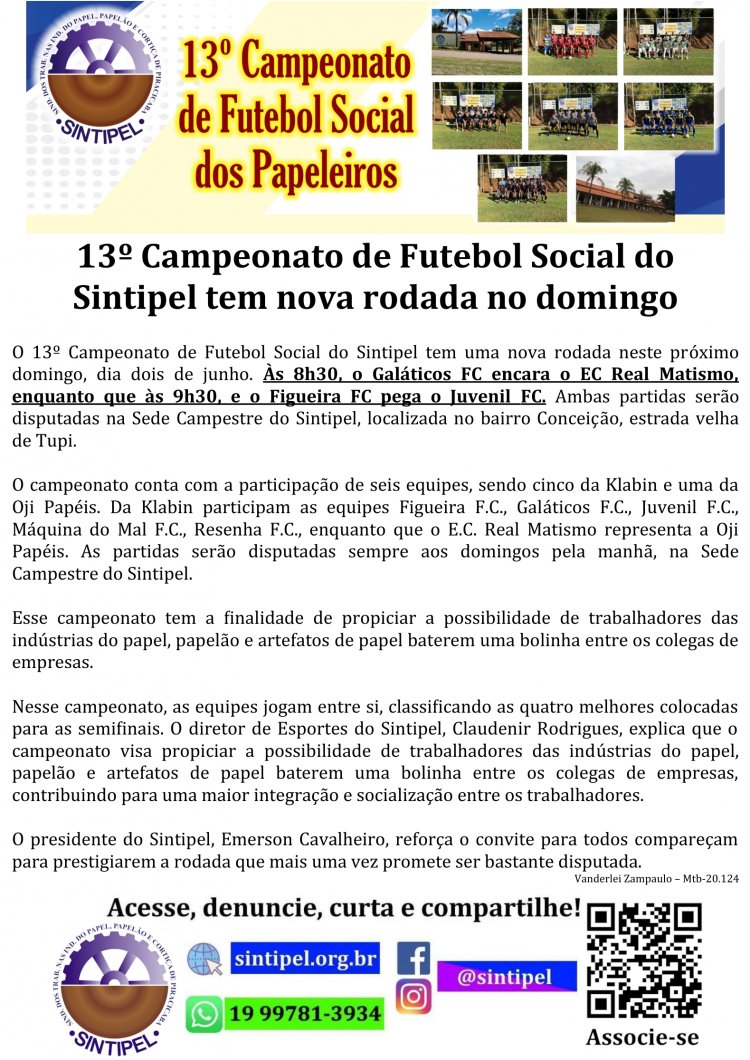 13º Campeonato de Futebol Social do Sintipel tem nova rodada no
