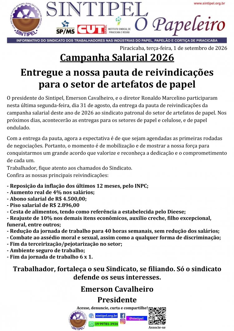 Campanha Salarial 2026 Entregue a nossa pauta de reivindicações para o setor de