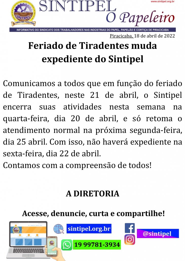 Feriado de Tiradentes muda expediente do Sintipel