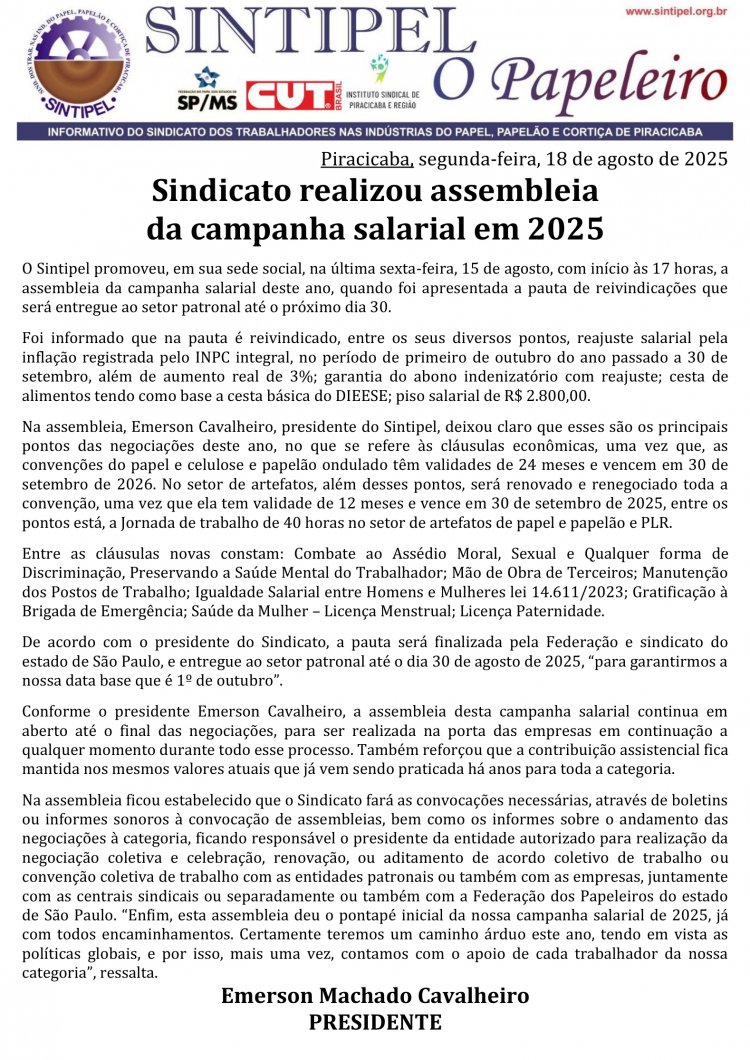 Sindicato realizou assembleia da campanha salarial em