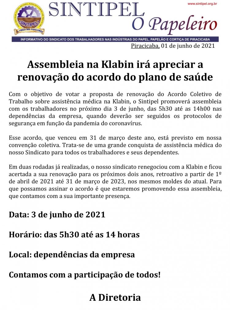 Assembleia na Klabin irá apreciar a renovação do acordo do plano
