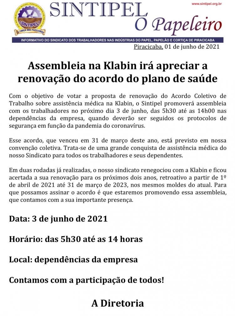 Assembleia na Klabin irá apreciar a renovação do acordo do plano