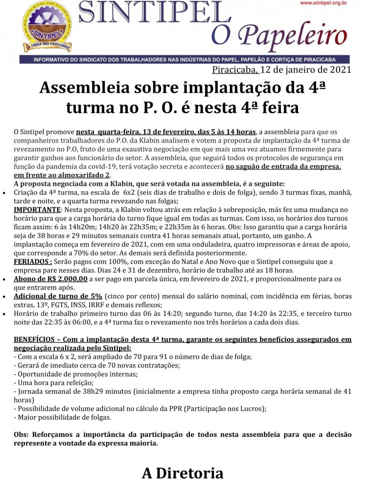 Assembleia sobre implantação da 4ª turma no P. O. é nesta 4ª