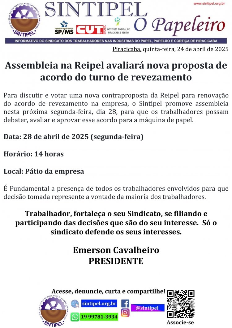 Assembleia na Reipel avaliará nova proposta de acordo do turno de