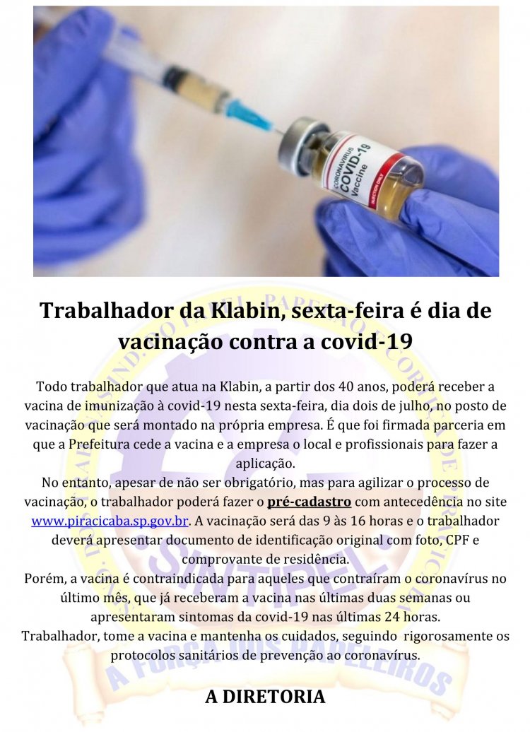 Trabalhador da Klabin, sexta-feira é dia de vacinação contra a