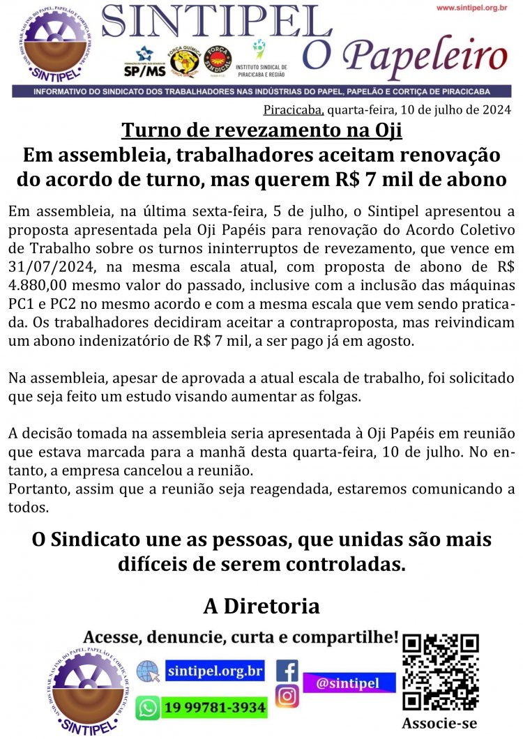 Em assembleia, trabalhadores aceitam renovação do acordo de turno,