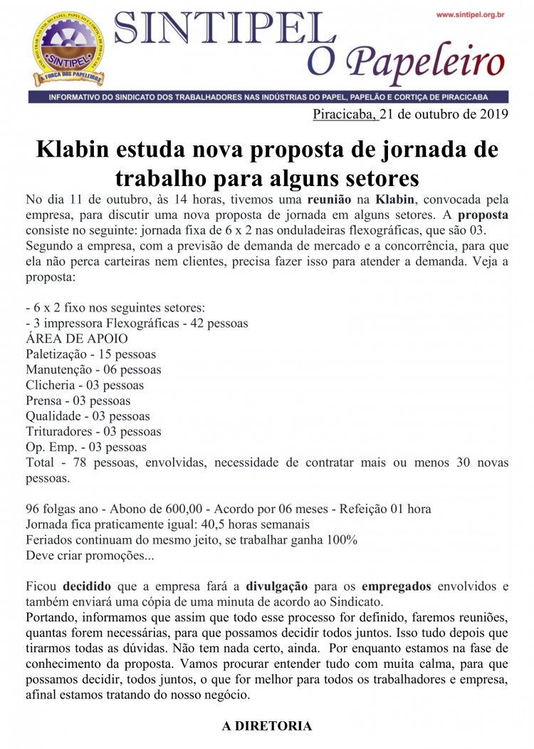 Klabin estuda nova proposta de jornada de trabalho para alguns