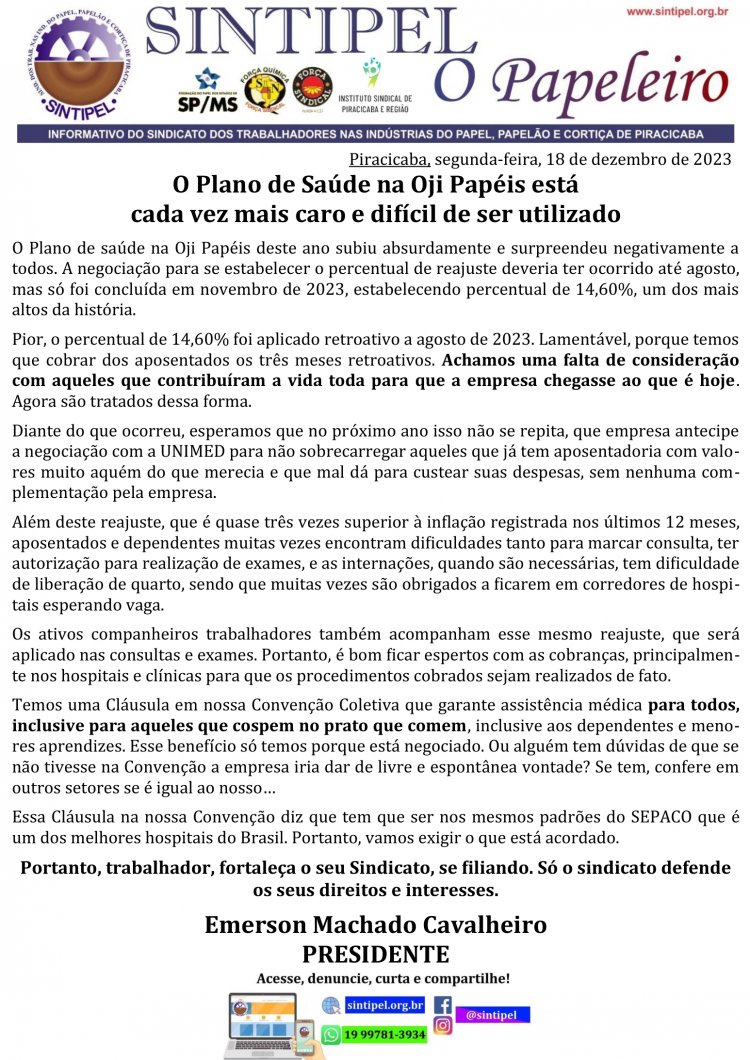 O Plano de Saúde na Oji Papéis está cada vez mais caro e difícil de ser utilizado