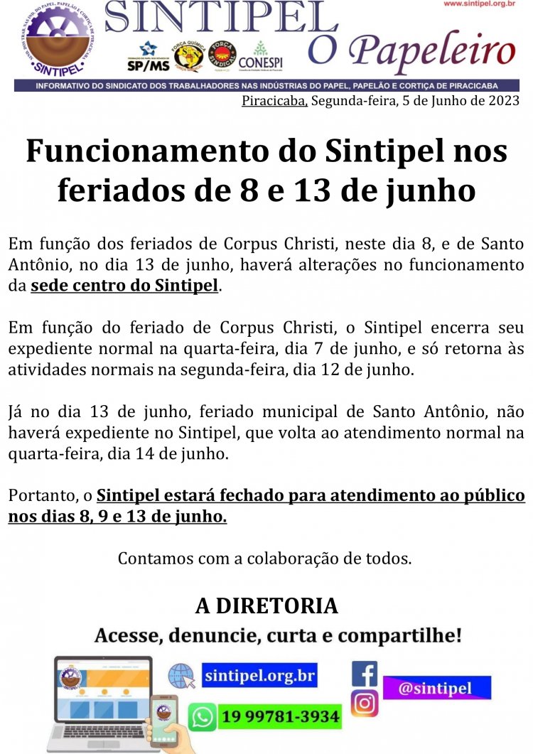 Funcionamento do Sintipel nos feriados de 8 e 13 de junho