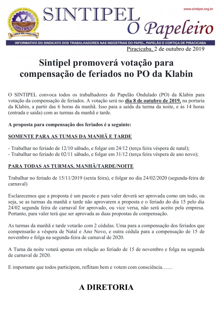 Sintipel promoverá votação para compensação de feriados no PO da